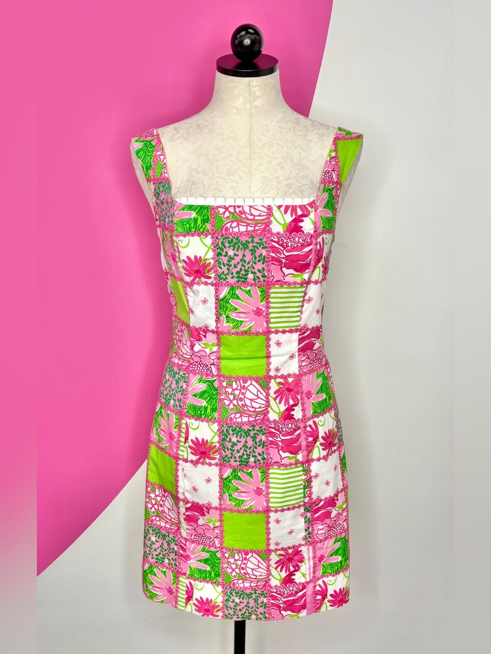 NWT Designer LILLY PULITZER Pink & Green Check Square Patchwork Sundress Sz 14